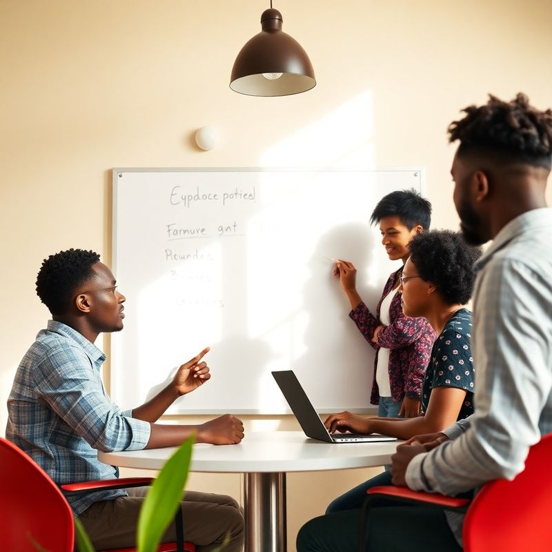 Small startup team collaborating around a whiteboard in a Kasese office
