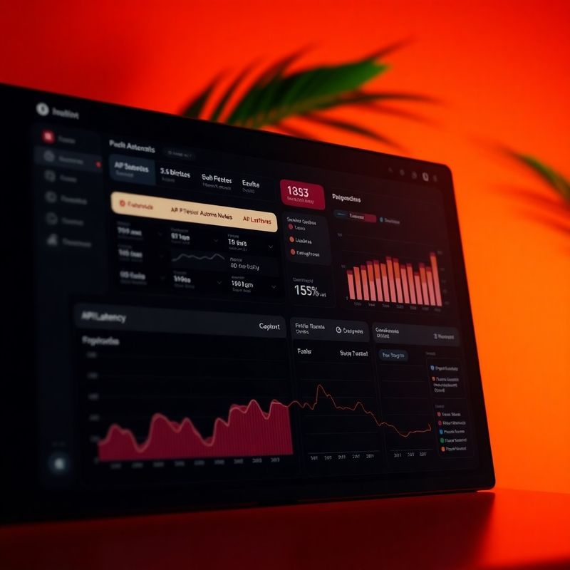 Dark-mode SaaS dashboard with workflow nodes and API latency graphs