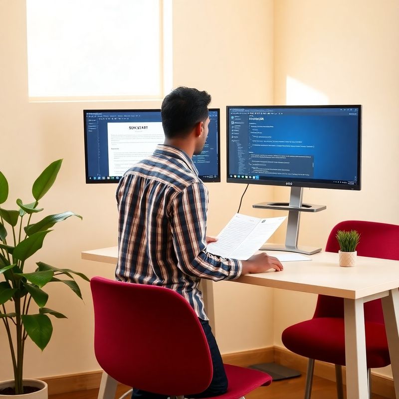 Developer at a standing desk reviewing SDK quickstart documentation