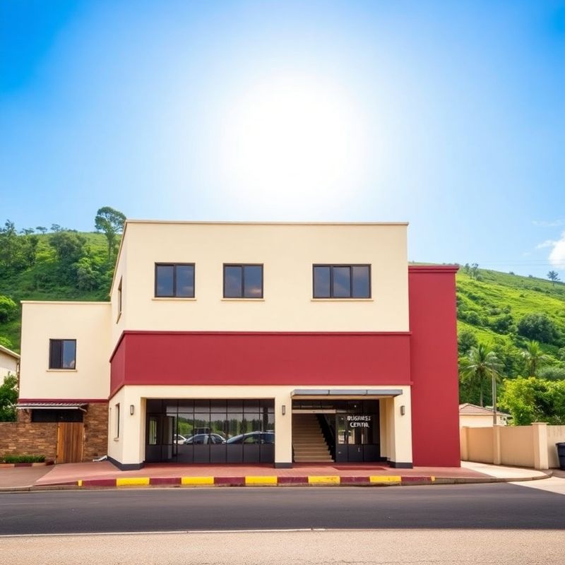 Cream-and-burgundy two-storey business centre on Rwenzori Road, Kasese
